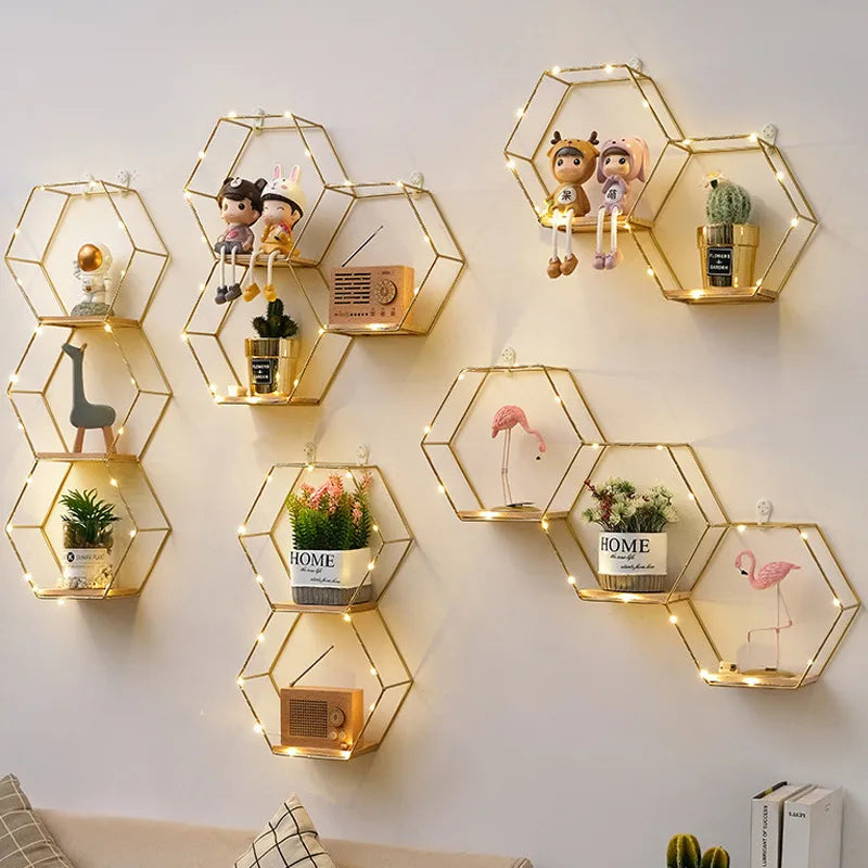 Wrought Iron Nordic Wall Decorations  Home Bedroom Dining Room Wall Hanging Room Hexagon Shelf Wall-0