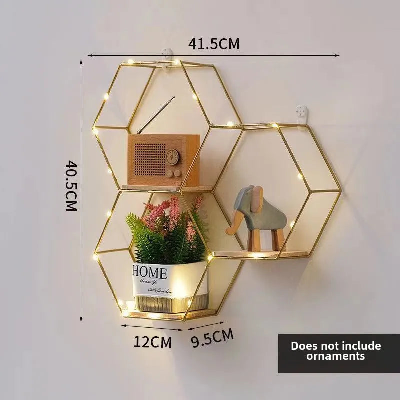 Wrought Iron Nordic Wall Decorations  Home Bedroom Dining Room Wall Hanging Room Hexagon Shelf Wall-2