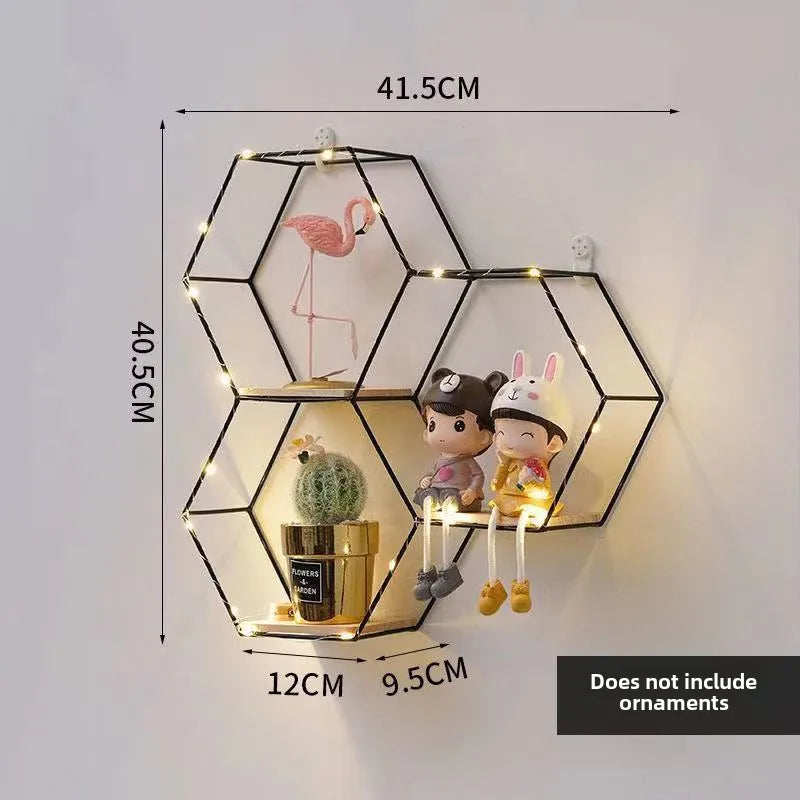 Wrought Iron Nordic Wall Decorations  Home Bedroom Dining Room Wall Hanging Room Hexagon Shelf Wall-3