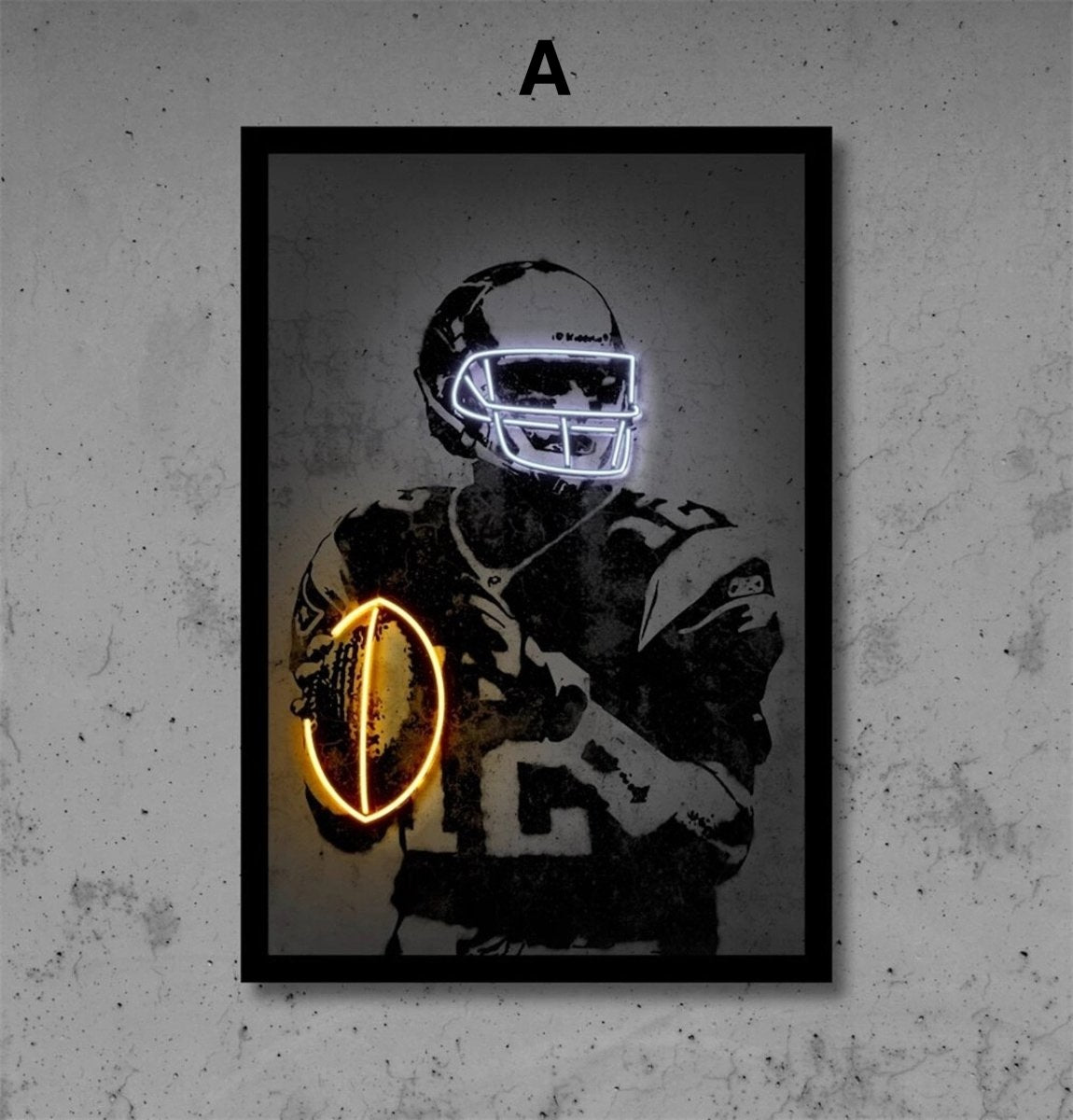 Poster Football Player with Neon Glowing Ball and Helmet as Decorative Print Without Frame