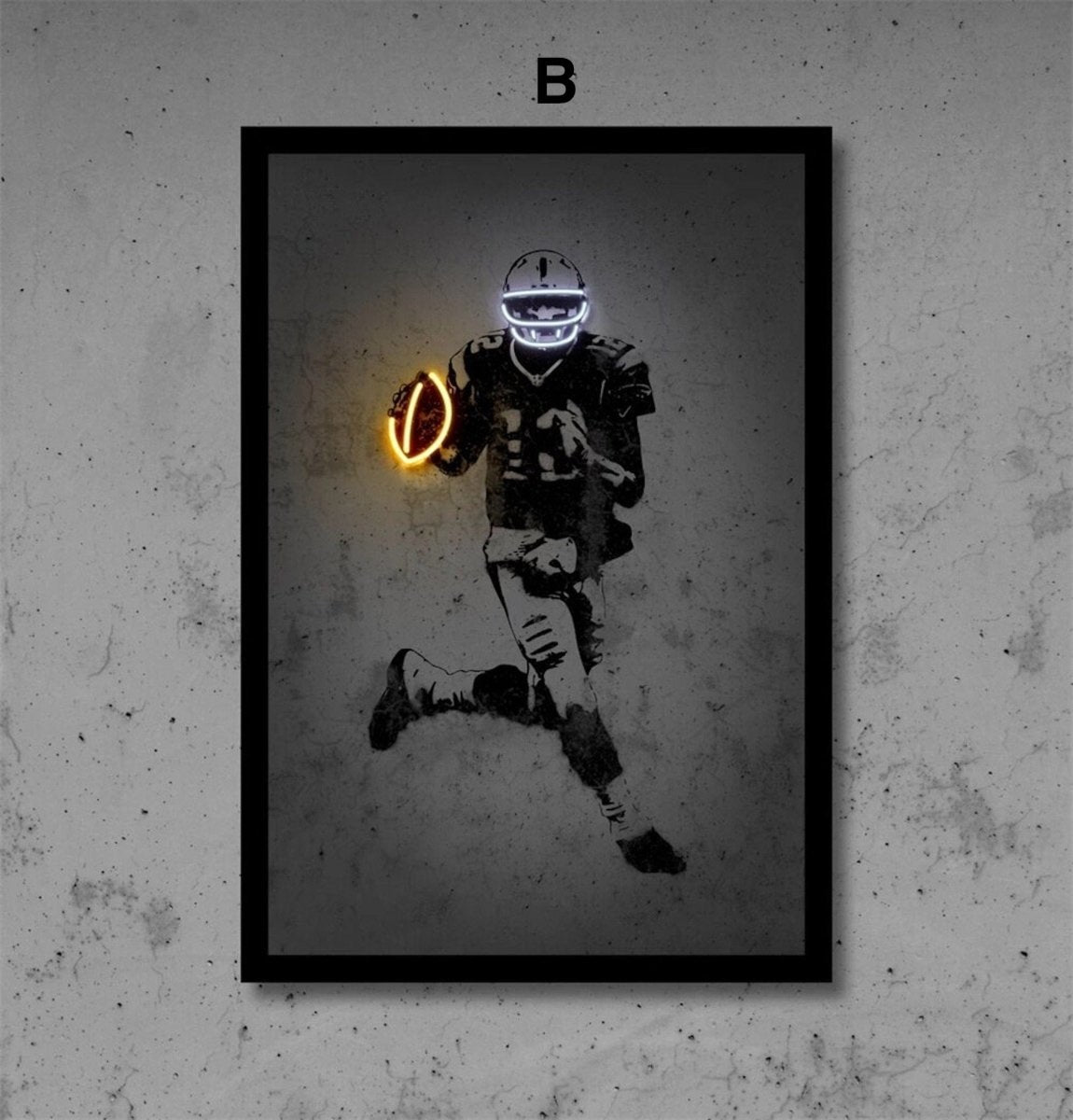 Poster Football Player with Neon Glowing Ball and Helmet as Decorative Print Without Frame